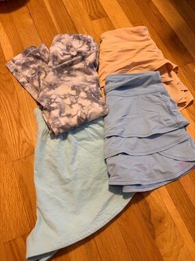 Athleta Girl bundle Light Blue and Orange Active Mini Skirt, Leggings, Shorts